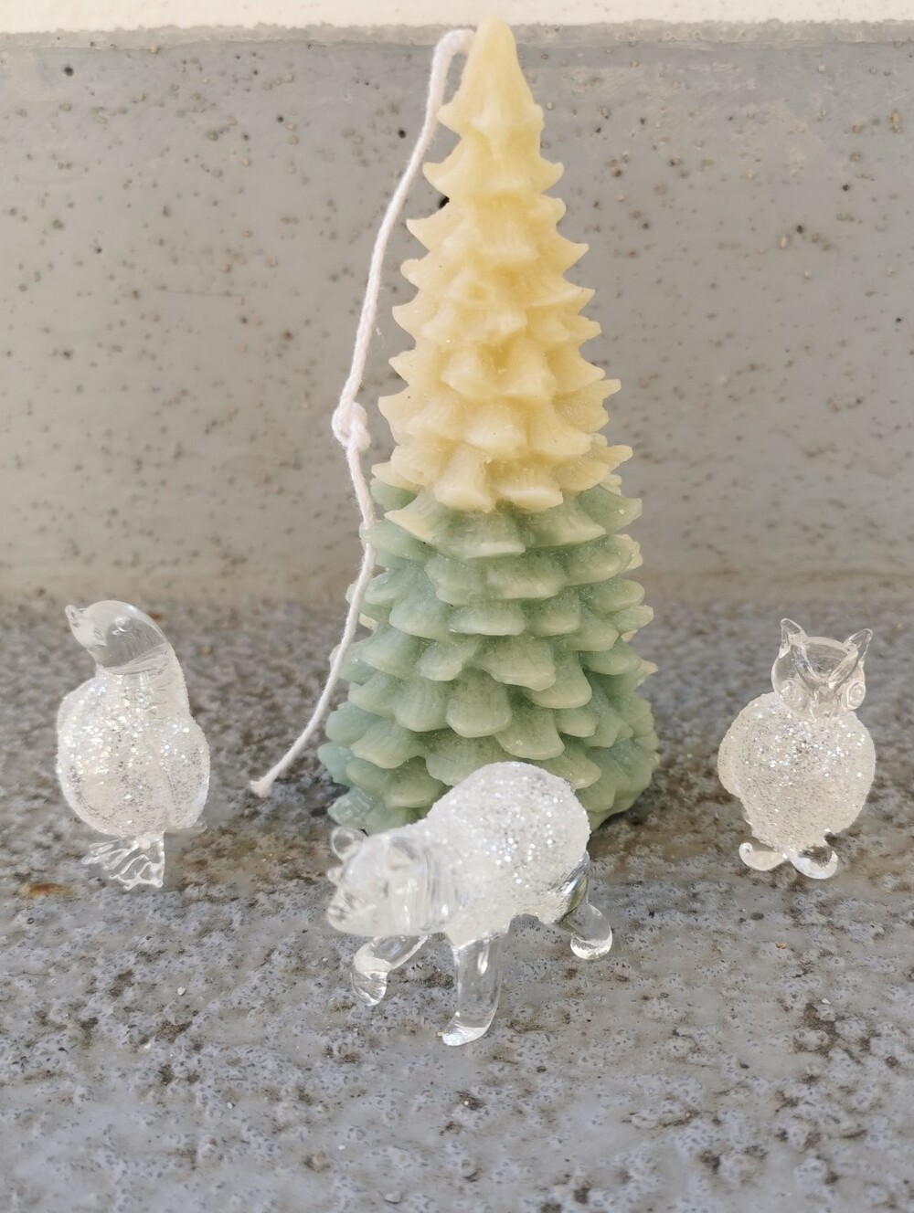 Miniature Glass Animals & Pine Tree Candle Set (Owl, Polar Bear, Penguin)